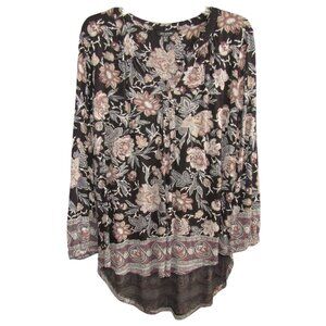 Lucky Brand Black Floral Tunic Top Womens Size XL Popover High Low Boho Bohemian